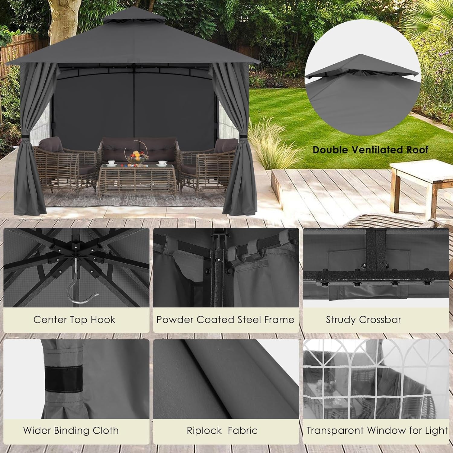 Patio Gazebo Steel Frame Outdoor Gazebo with Windows Curtains-3