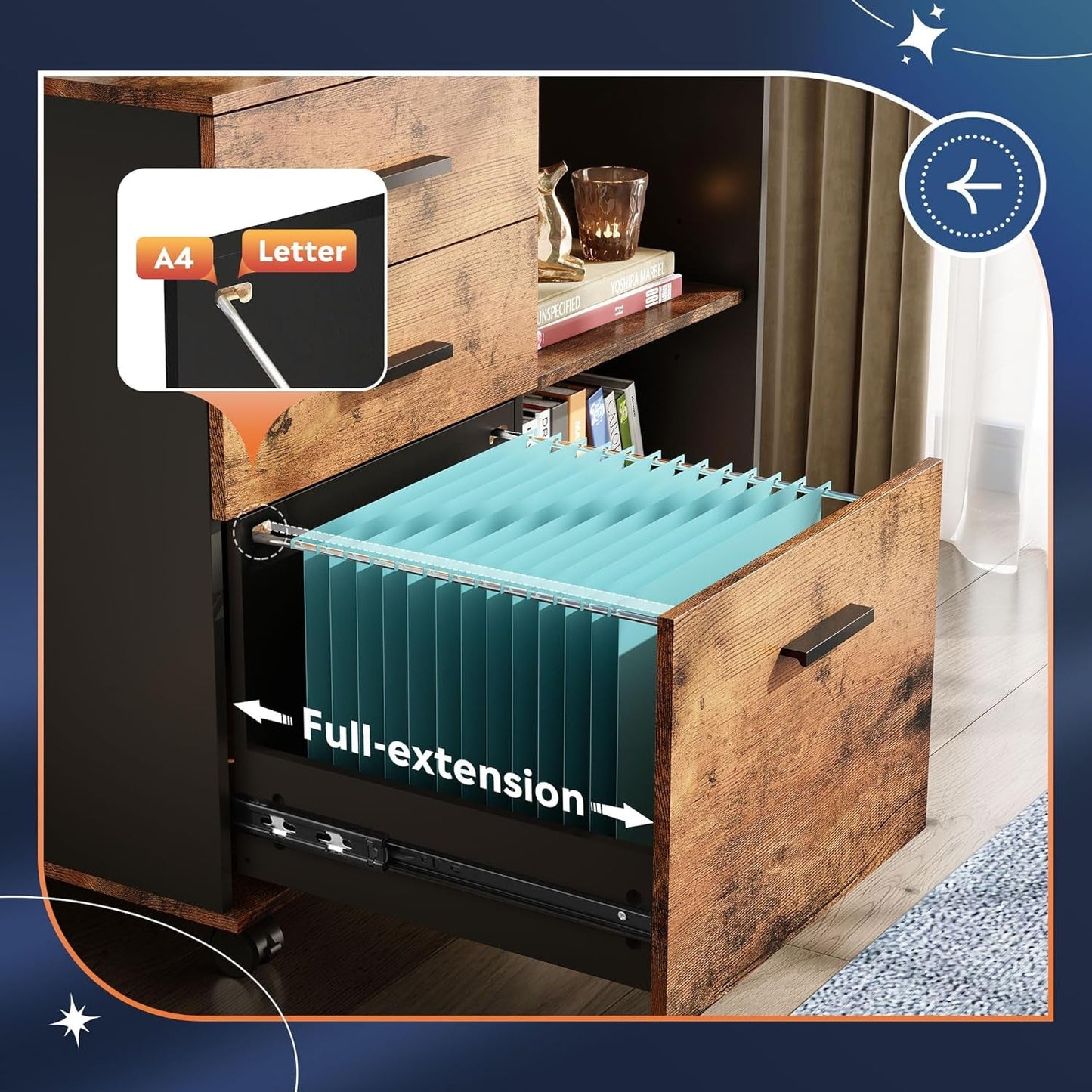 3 Drawer Mobile File Cabinet, Wood Lateral Filing Cabinet, Printer Stand with Open Shelves for Home Office, Rustic Brown-3