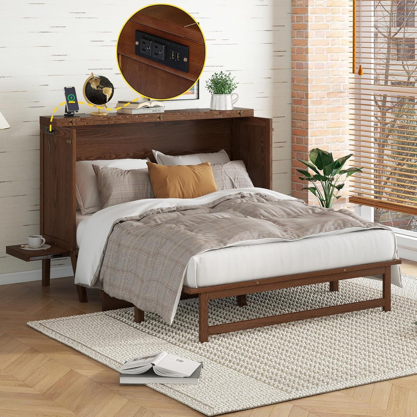 Walnut Queen Murphy Bed Desk Pull-Out Shelves-1