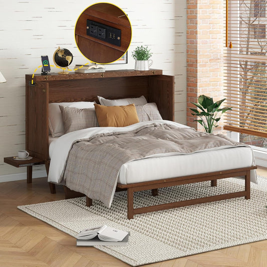 Walnut Queen Murphy Bed Desk Pull-Out Shelves-1