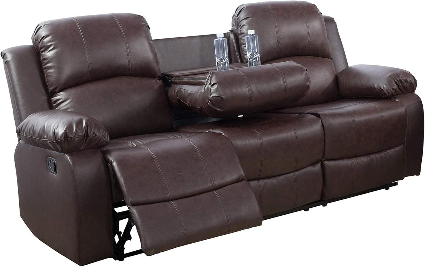 3-Piece Living Room Reclining Sofa Set|Bonded Leather Upholstery|Manual Reclining with Drop down Table and Mid Console (Brown, 3 Pieces)-3