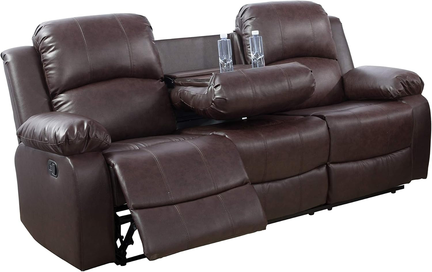 3-Piece Living Room Reclining Sofa Set|Bonded Leather Upholstery|Manual Reclining with Drop down Table and Mid Console (Brown, 3 Pieces)-3