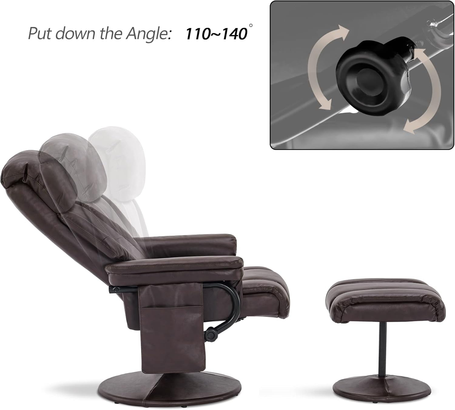Swivel Recliner with Ottoman, TV Chair with Vibration Massage, Ideal for RV Small Space, Living Room & Bedroom 4539 4828 (Faux Leather, Dark Brown)-4