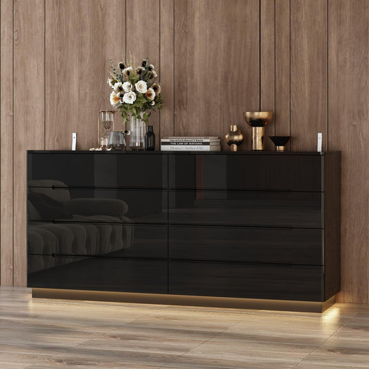 Black Drawer Dresser with LED Light, Modern High Gloss Dresser with 8 Drawers, 63" Long Dresser Double Dresser Storage Chest of Drawer for Bedroom, Living Room, Entryway-0