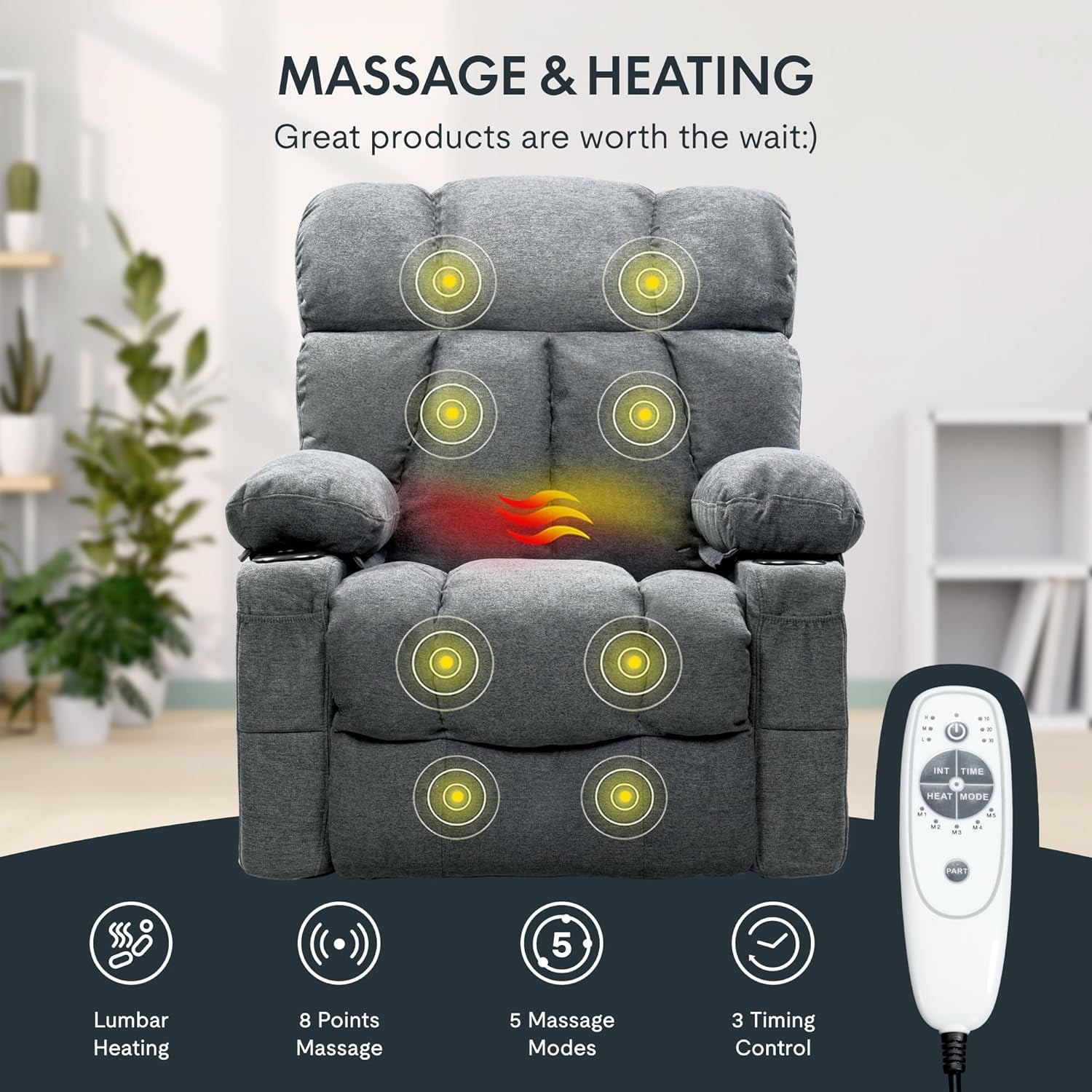 XRC3 Rocker Recliner Chair for Adults W/Massage & Heat, 360° Swivel Recliner Chair W/Cup Holders, USB Port, Manual Glider Rocking Chair for Living Room Nusery, Gray-3