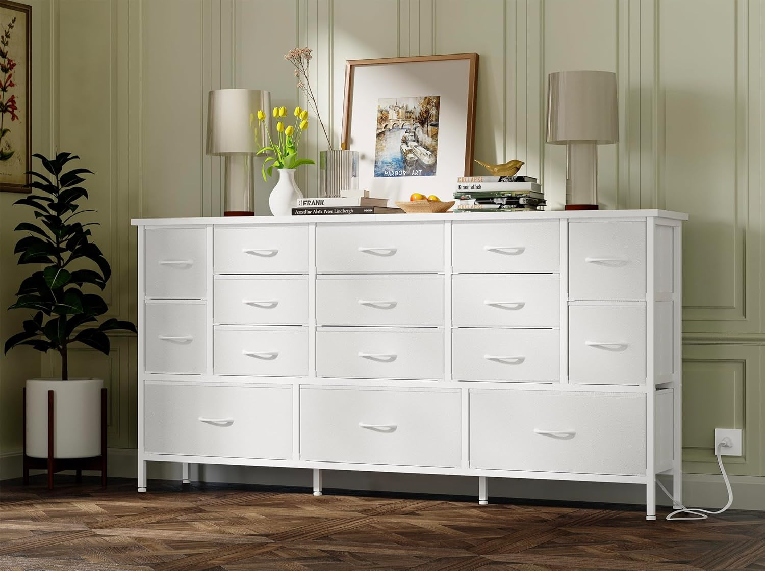 63.3 Inch Long Bedroom Dressers with Drawers Large Cabinet with Power Outlets Bedroom TV Stand with Storage, Fabric Dresser for Girl Bedroom with 16 Drawers, White-4