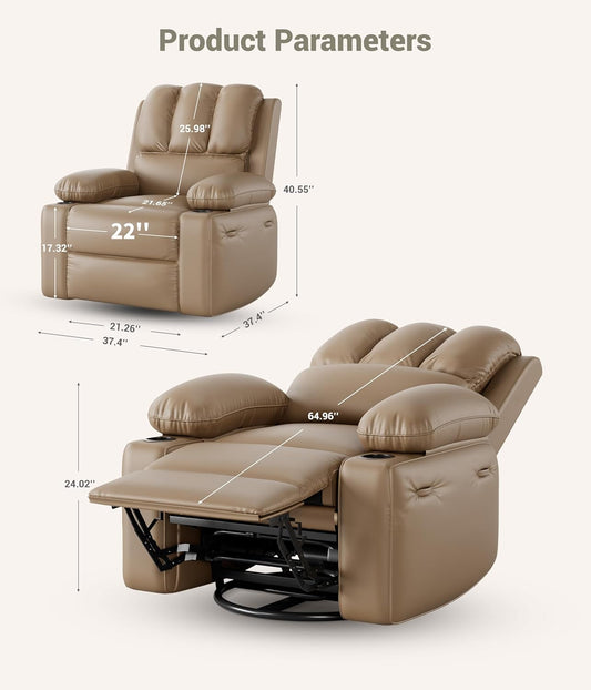 22'' Rocker Swivel Recliner Chair, Lazy Recliner for Adults, with 1.5X Sponge Filling, Side Pocket, and Cup Holder, for Living Room, Bedroom, and Nursery, Tan-1