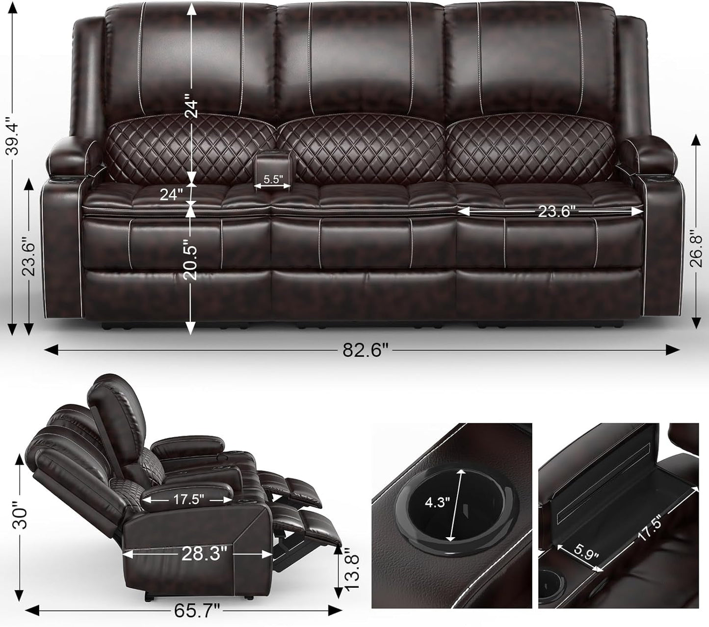 3-Seater Recliner Sofa, Manual Reclining Couch with Multi-Functional Middle Seat, Reclining Sofa for Living Room with Hidden Storage Space, Cup Holders, and Removable Console - Brown-1