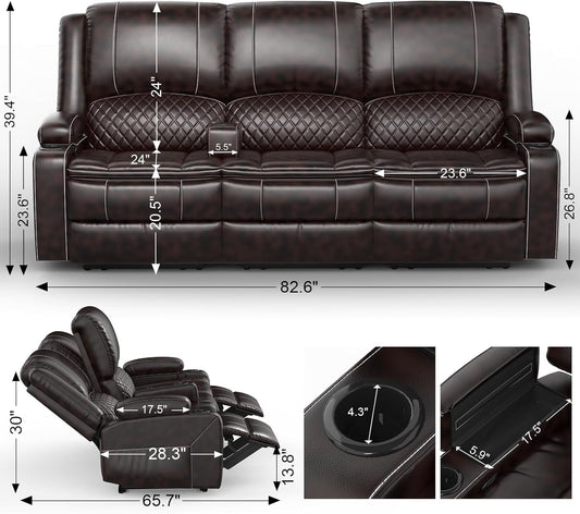 3-Seater Recliner Sofa, Manual Reclining Couch with Multi-Functional Middle Seat, Reclining Sofa for Living Room with Hidden Storage Space, Cup Holders, and Removable Console - Brown-1