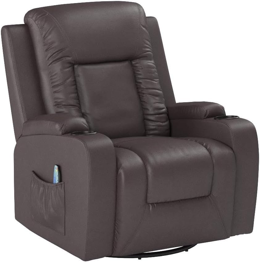 Recliner Chair, PU Rocking Chair for Adults, Swivel Recliner with Cup Holders, Heat and Massage, Single Sofa Seat with Side Pockets for Living Room, Bedroom (Brown)-3
