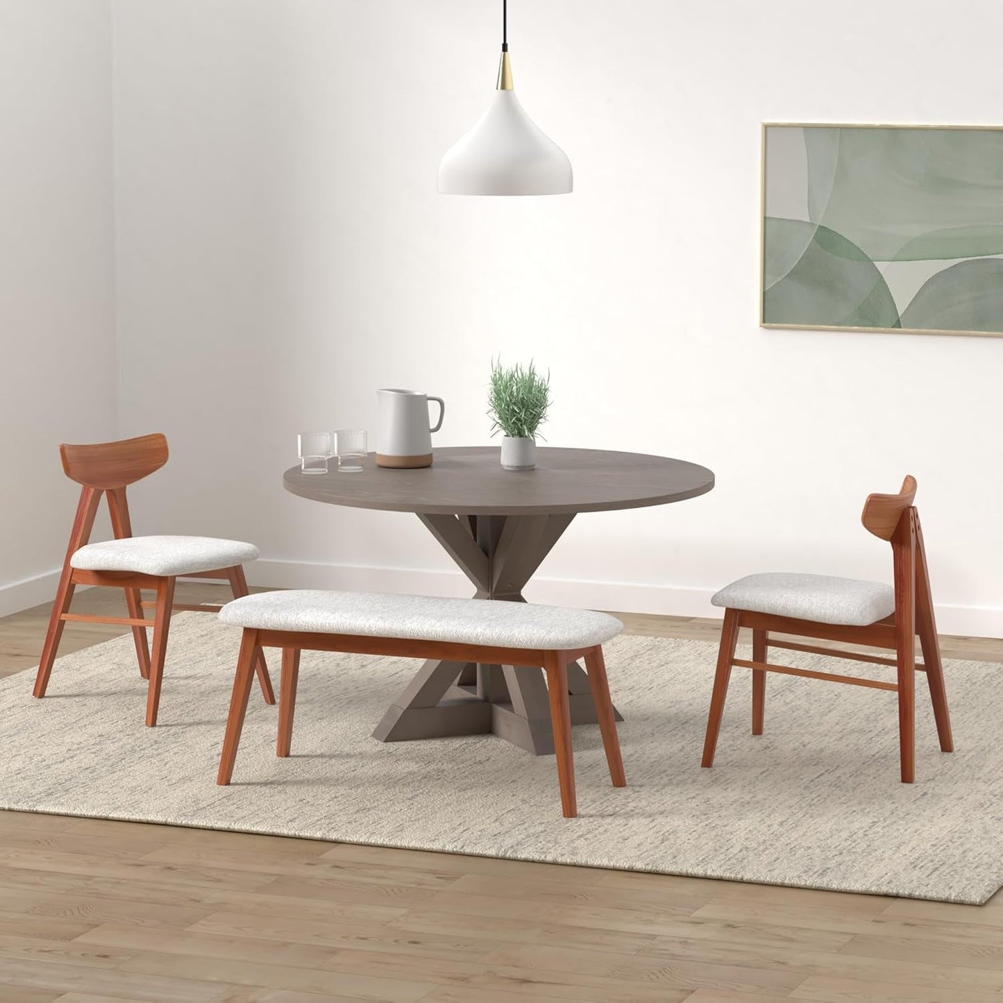 Alfred round Solid Wood Rustic Dining Table for Farmhouse Kitchen Room Decor, Wooden Trestle Pedestal Base, 46.5" Wide Circular Tabletop, Distressed Brown-1