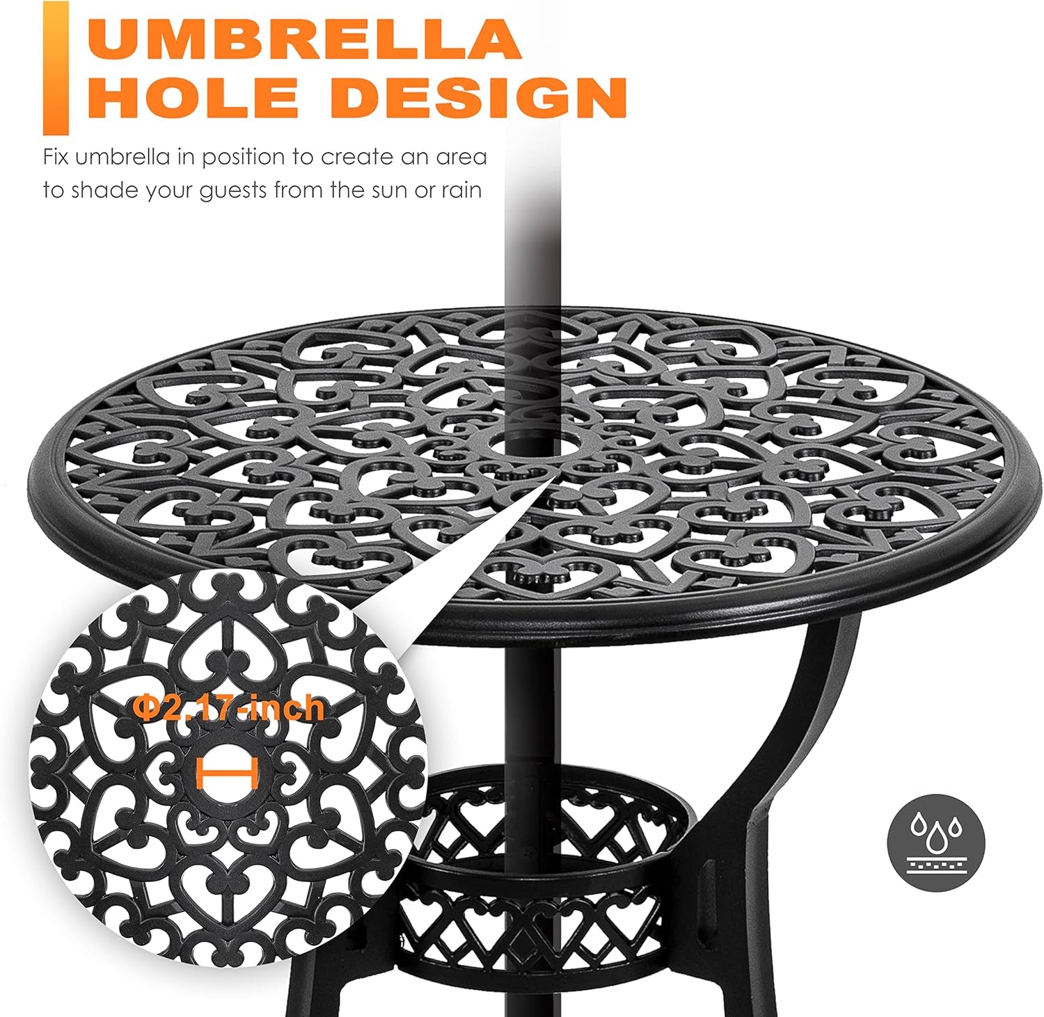 Bistro Set 3 Piece Outdoor, Cast Aluminum Patio Bistro Sets with Umbrella Hole and Grey Cushions, Bistro Table and Chairs Set of 3 for Patio Backyard, Black-3