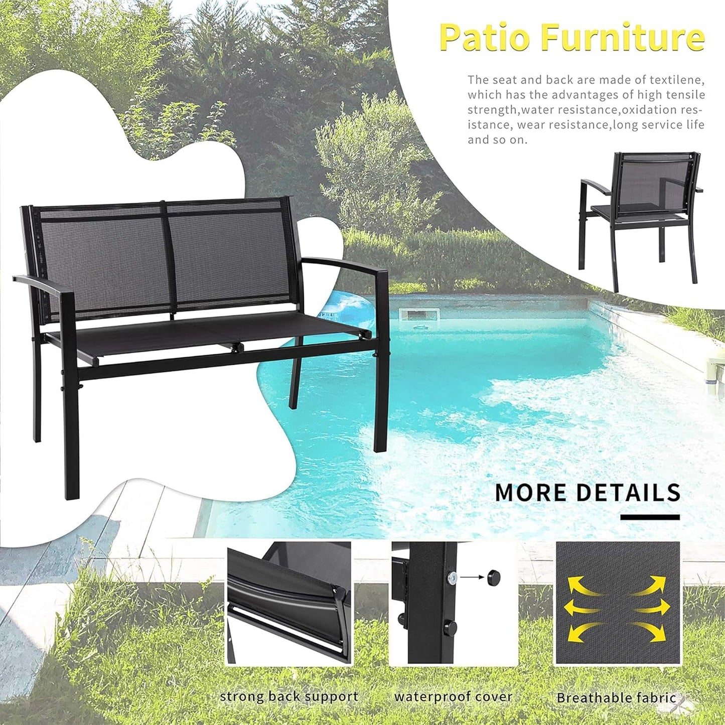 4 Pieces Patio Furniture Set All Weather Textile Fabric Outdoor Conversation Set, with Glass Coffee Table, Loveseat, 2 Single Chairs for Home, Garden, Lawn, Porch（Black）-2