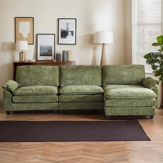 Sectional Sofa Modular Deep Seat Sofa Couch with Ottoman, Chenille Sofa Sleeper Comfy Upholstered Furniture for Living Room, Apartment, Studio, Office, (3-Seat & 1-Ottoman, Green)-1