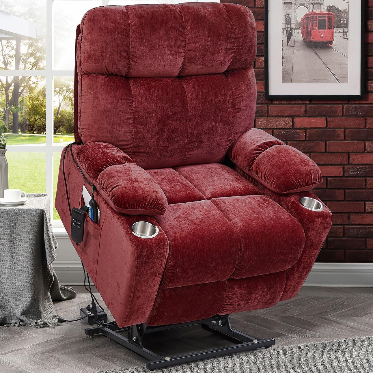 180 Degree Flat Sleeping Electric Dual OKIN Motor Lift Recliner Chair with Vabriation Heating for Elderly, Infinite Position Soft Fabric Power Recliner Sofa Chair for Living Room Red-0