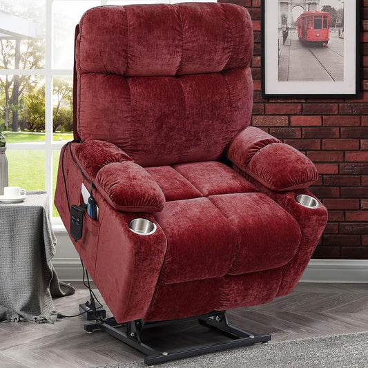 180 Degree Flat Sleeping Electric Dual OKIN Motor Lift Recliner Chair with Vabriation Heating for Elderly, Infinite Position Soft Fabric Power Recliner Sofa Chair for Living Room Red-0