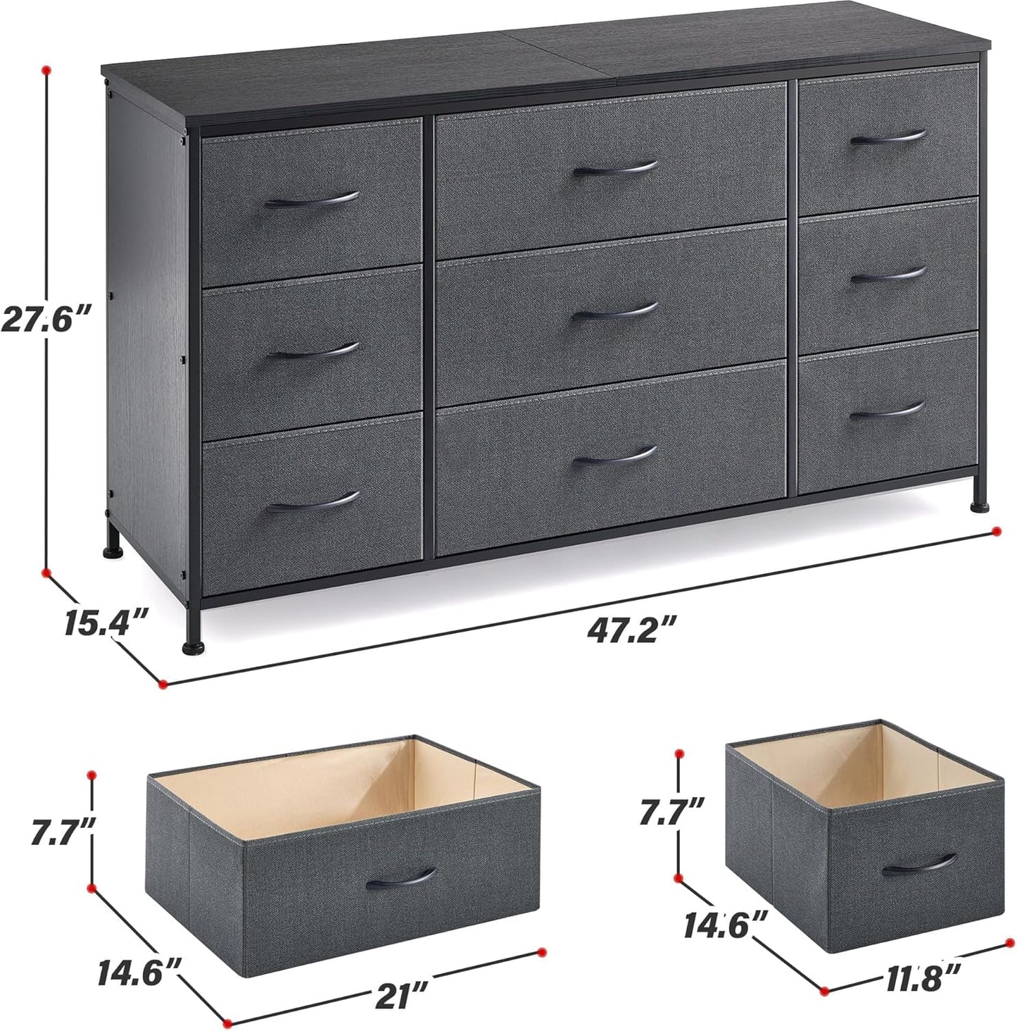 Dresser, Dresser for Bedroom with 9 Drawers, Wide Dresser TV Stand for 55” TV Stand for Bedroom Dresser Long Dressers & Chests of Drawers, Metal Frame&Wood Top, Closet, Hallway, Grey-2