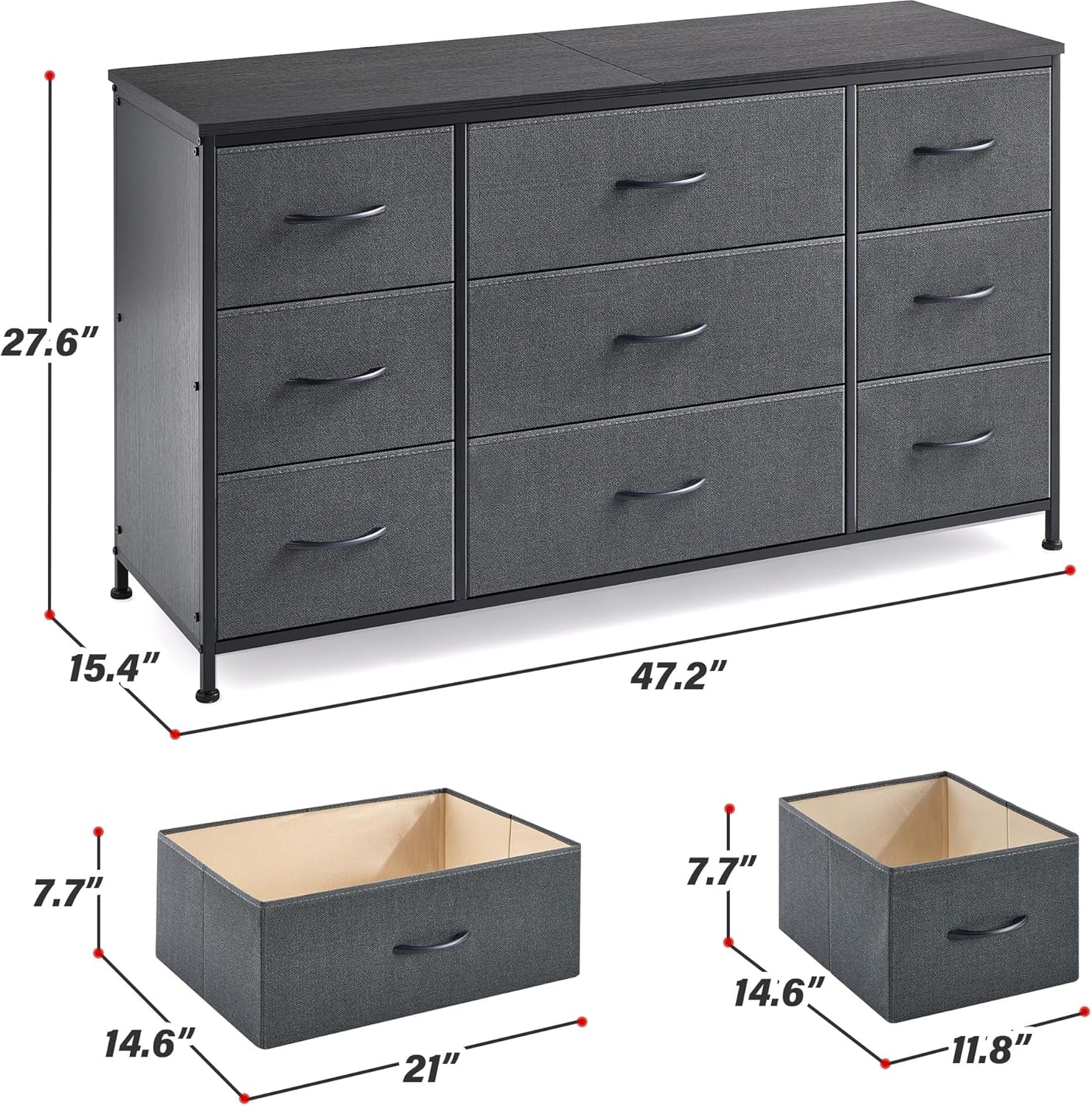 Dresser, Dresser for Bedroom with 9 Drawers, Wide Dresser TV Stand for 55” TV Stand for Bedroom Dresser Long Dressers & Chests of Drawers, Metal Frame&Wood Top, Closet, Hallway, Grey-2
