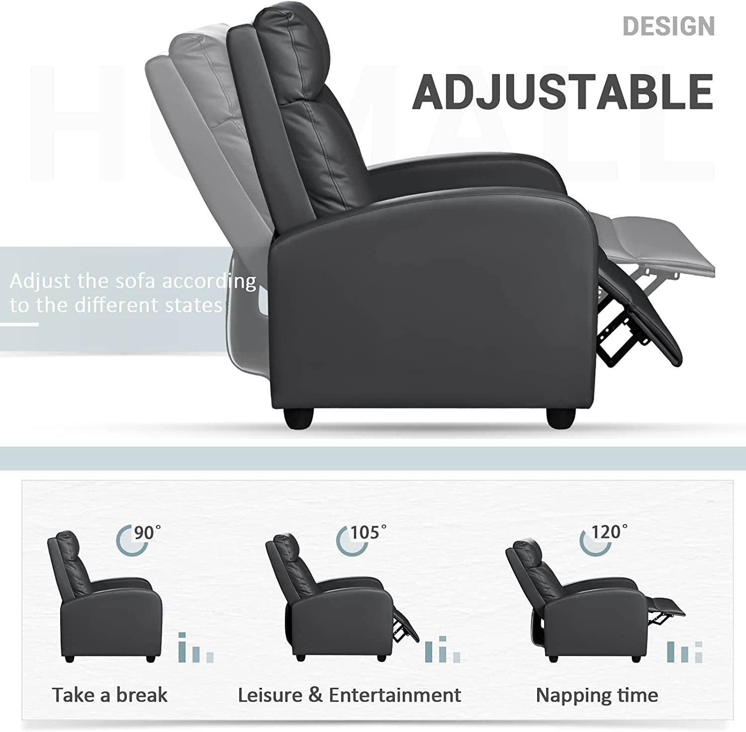 Recliner Chair, Recliner Sofa for Adults, Recliners Home Theater Seating with Lumbar Support, Reclining Sofa Chair for Living Room (Leather, Dark Black)-3