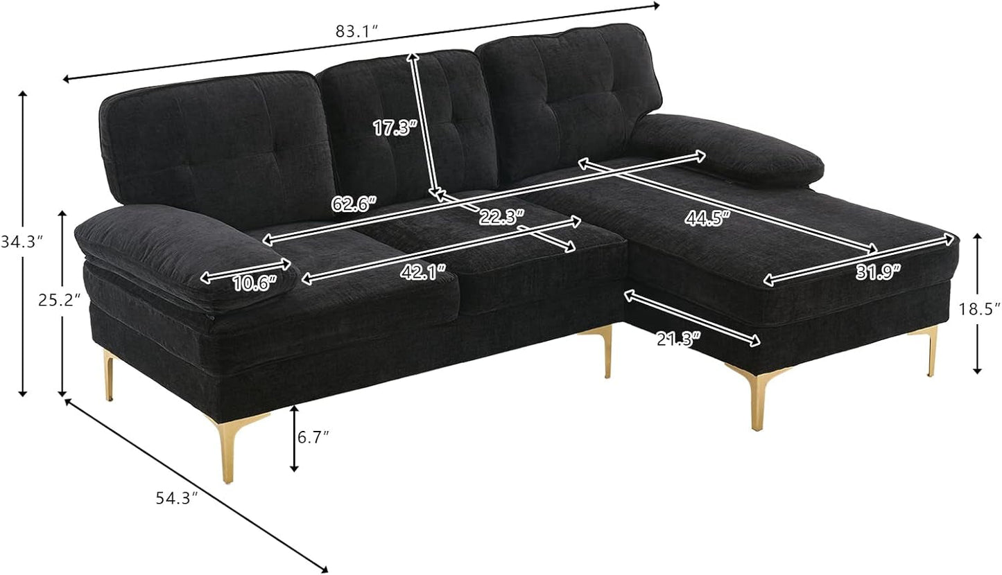 Sectional Sofa 83" L-Shape Sofa Couch 3-Seat Couch with Chaise Chenillefabric Upholstered for Living Room, Apartment, Office, Black-1