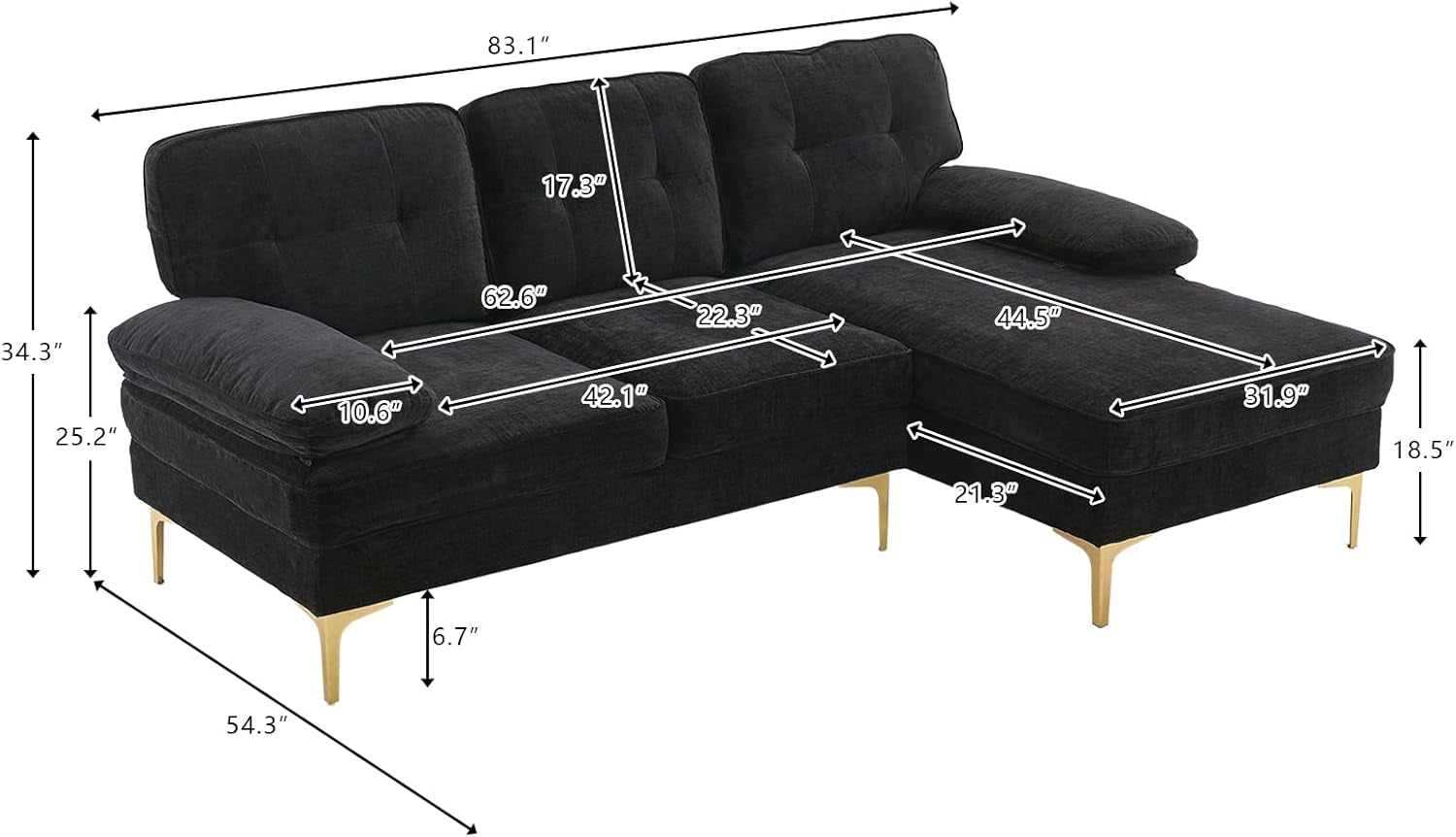 Sectional Sofa 83" L-Shape Sofa Couch 3-Seat Couch with Chaise Chenillefabric Upholstered for Living Room, Apartment, Office, Black-1