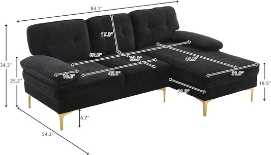 Sectional Sofa 83" L-Shape Sofa Couch 3-Seat Couch with Chaise Chenillefabric Upholstered for Living Room, Apartment, Office, Black-1