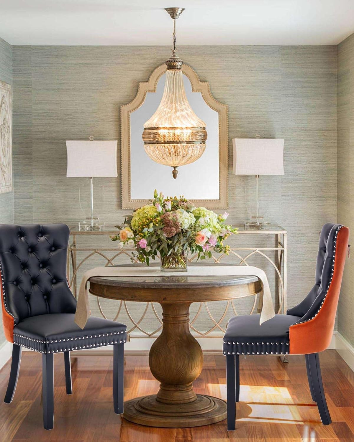 Leather Dining Chair Set of 2 Upholstered Tufted Dining Room Chair with Nailhead Trim and Solid Wood Legs for Kitchen, Restaurant, Black&Orange-0