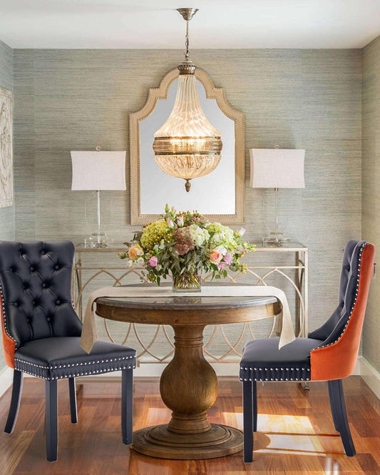 Leather Dining Chair Set of 2 Upholstered Tufted Dining Room Chair with Nailhead Trim and Solid Wood Legs for Kitchen, Restaurant, Black&Orange-0