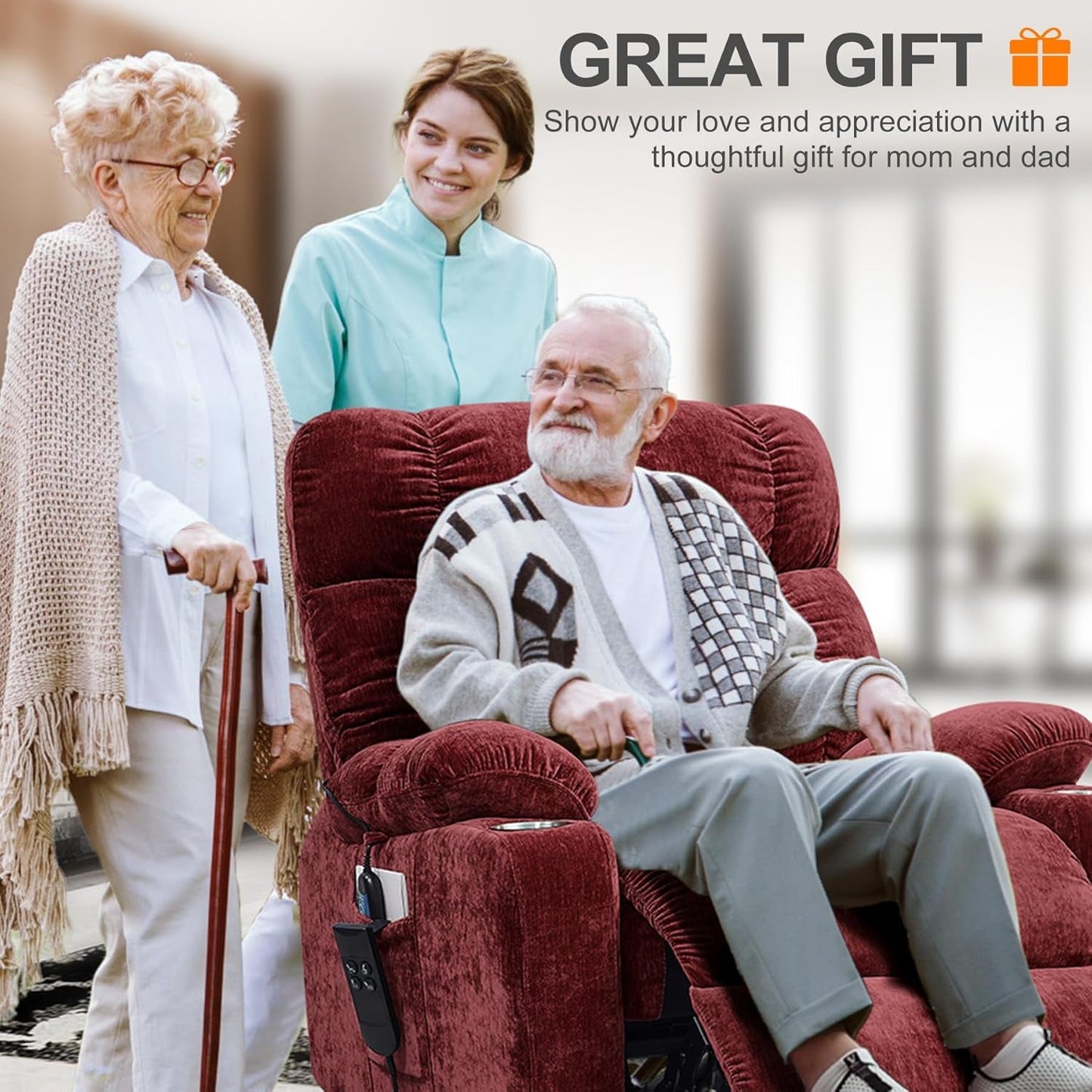 180 Degree Flat Sleeping Electric Dual OKIN Motor Lift Recliner Chair with Vabriation Heating for Elderly, Infinite Position Soft Fabric Power Recliner Sofa Chair for Living Room Red-4