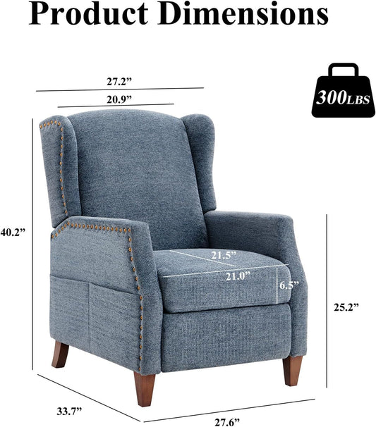 Wingback Pushback Recliner Chair with Storage Pocket, Upholstered Fabric Living Room Chair Armchair with Wood Legs and Nailhead Trim, Darkblue-1