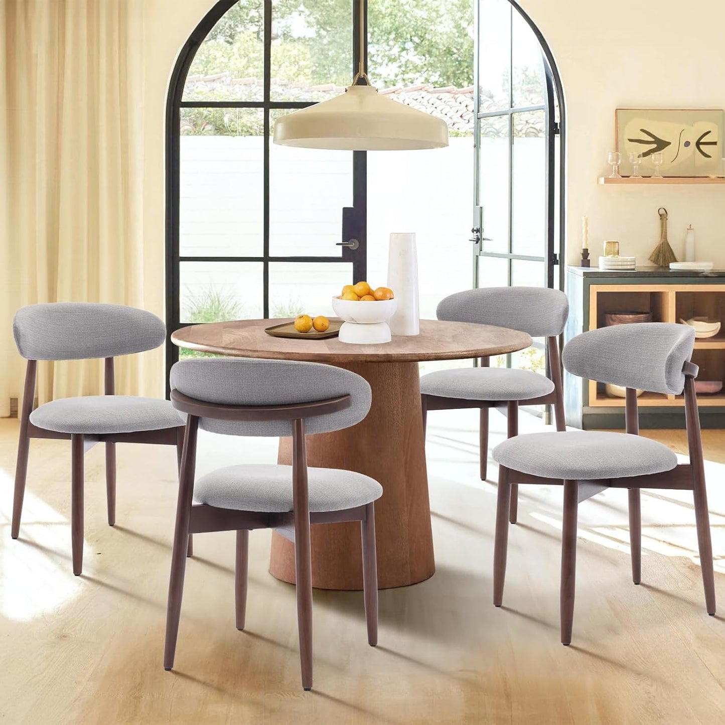 Wooden Dining Chairs Set of 6, Modern Fabric Upholstered Kitchen Side Chairs, Farmhouse Dining Room Chair with Foot Pegs, Light Grey-2