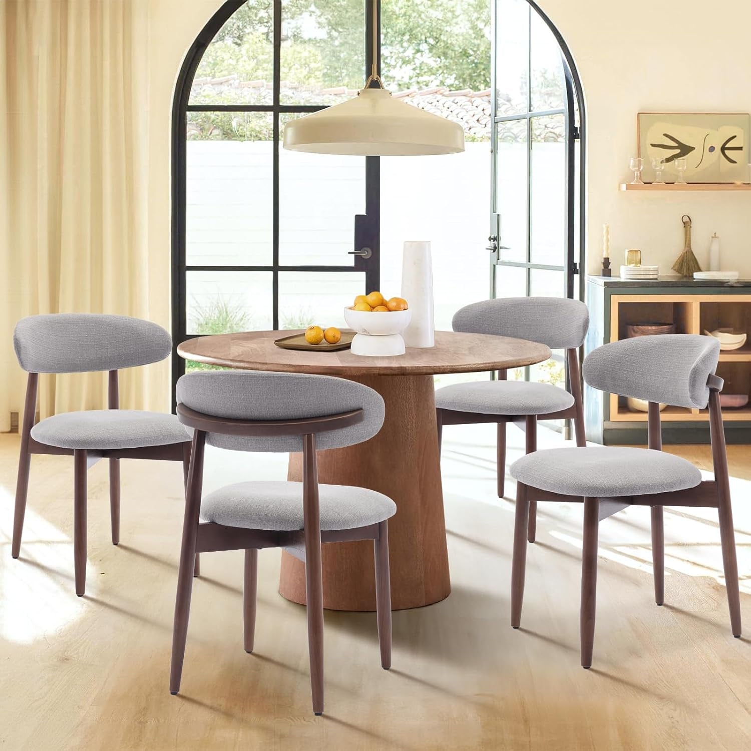 Wooden Dining Chairs Set of 6, Modern Fabric Upholstered Kitchen Side Chairs, Farmhouse Dining Room Chair with Foot Pegs, Light Grey-2