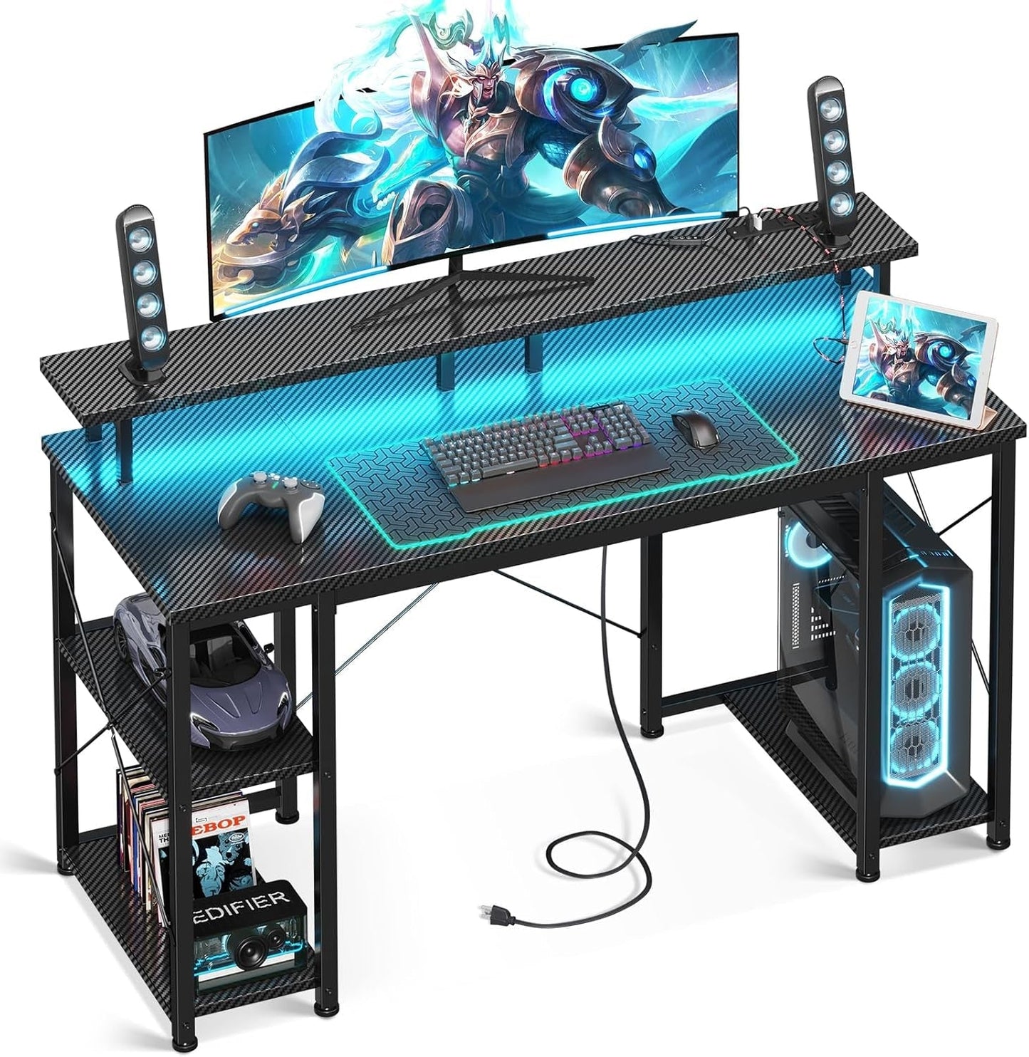 48 Inch Computer Desk with Power Outlets & LED Lights, Gaming Desk with Monitor Stand & Storage Sheves, Home Office Desk, Carbon Fiber Black-0