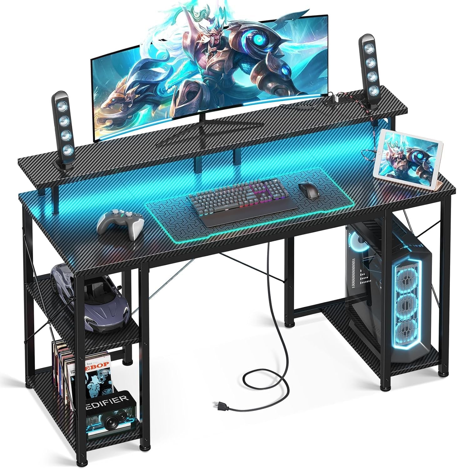 48 Inch Computer Desk with Power Outlets & LED Lights, Gaming Desk with Monitor Stand & Storage Sheves, Home Office Desk, Carbon Fiber Black-0
