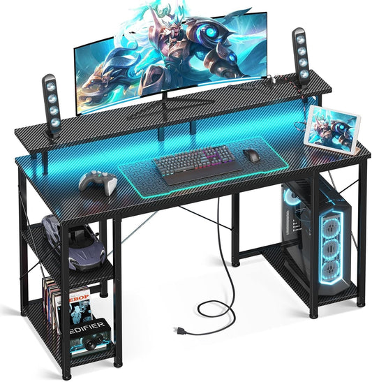 48 Inch Computer Desk with Power Outlets & LED Lights, Gaming Desk with Monitor Stand & Storage Sheves, Home Office Desk, Carbon Fiber Black-0