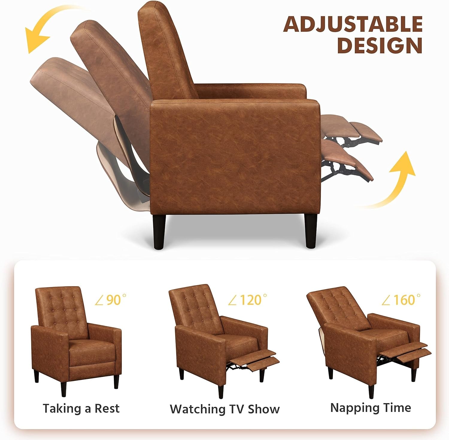 Faux Leather Recliner Sofa Mid-Century Modern Single Reclining Chair Adjustable Back & Footrest Tufted Upholstered Sofa with Pocket Spring Living Room Bedroom Home Theater Brown-3