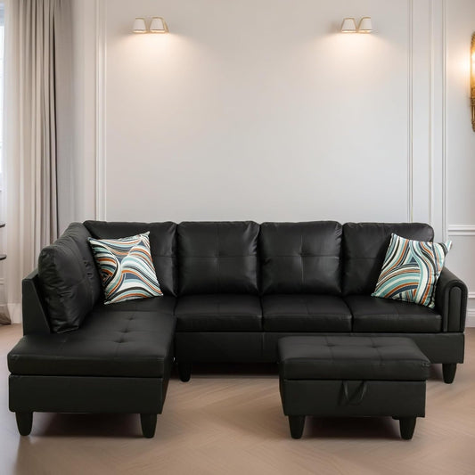 L Shaped Sectional Couches for Living Room, Modular Sectional Sofa with Ottoman Storage, Modern Comfy 4 Seat L Shaped Couch with Chaise for Bedroom Apartment Furniture, Black-0