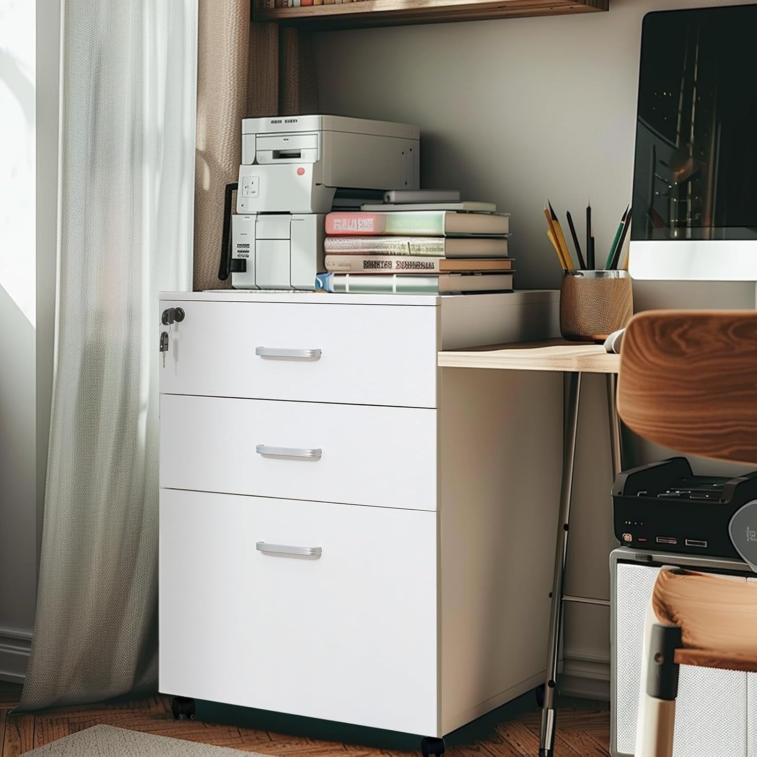 3 Drawer Mobile File Cabinet, Rolling Vertical Filing Cabinet Fits A4, Legal Paper and Letter Paper for Home Office, White with Lock-1