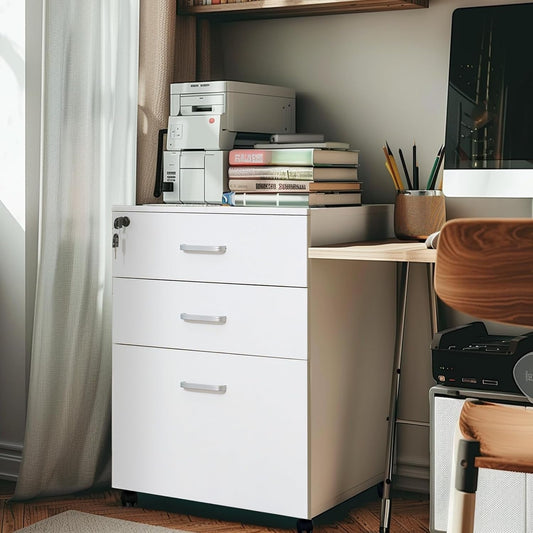 3 Drawer Mobile File Cabinet, Rolling Vertical Filing Cabinet Fits A4, Legal Paper and Letter Paper for Home Office, White with Lock-1