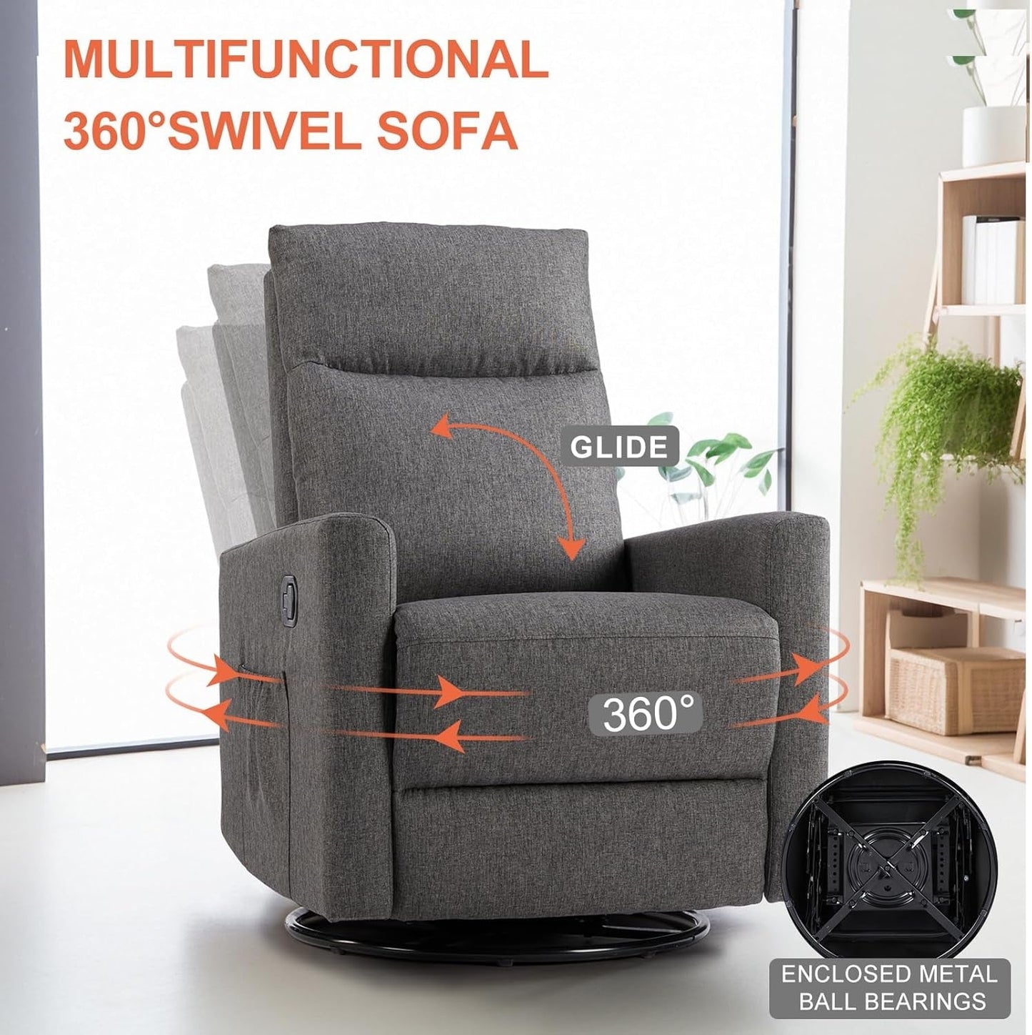 Recliner Chair, Swivel Rocking, Glider Rocker Recliner, Nursery Chair with Extra Large Footrest for Living Room, High Back, Upholstered Deep Seat, Grey-3