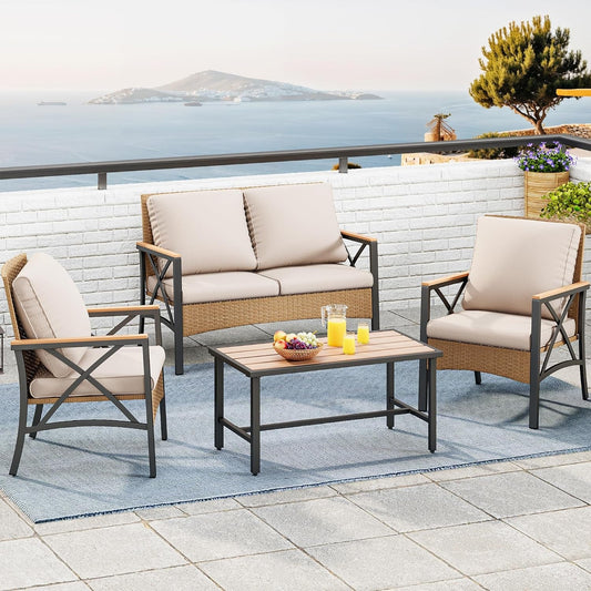 4-Piece Patio Wicker Furniture Set with Wood Armrest, All Weather Rattan Conversation Furniture Sets for Backyard, Balcony, Deck W/Soft Cushions and Plastic Wood Table (Light Brown+Beige)-0