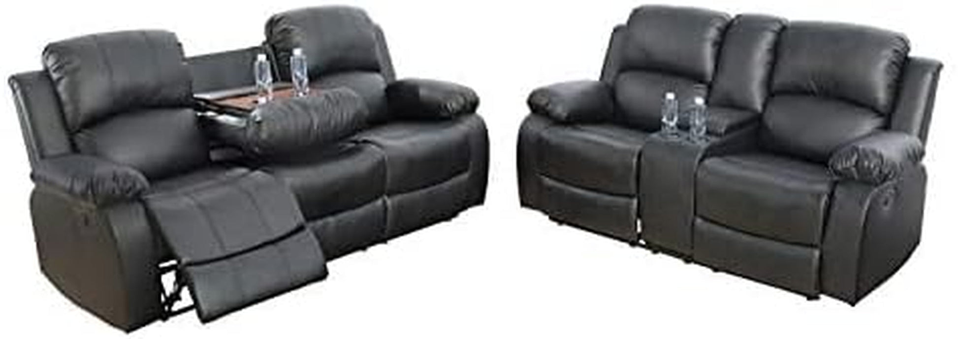 Faux Leather Recliner Sofa Set, Reclining Living Room Set, Manual Reclining Sofa and Loveseat with Recliner Chair (Black, Sofa+Loveseat)-0
