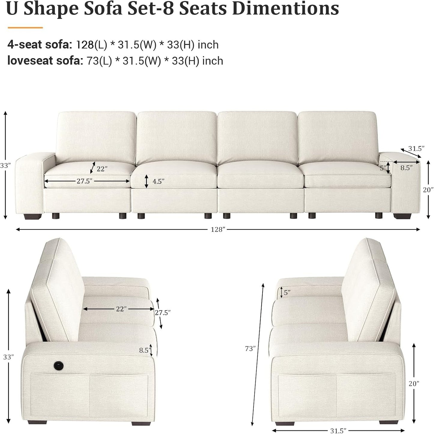 Beige U Shape Sectional Sofa for Living Room/Office 8 Seater Sofa Sets with Large Storage Space Comfy Chenille Cover (4-Seat Modular Sofa & 2×Loveseat Couch)-2