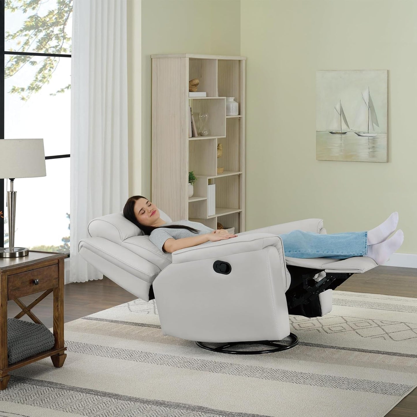 Leather Recliner Chair Faux Swivel Rocker for Adults Manual Sofa for Living Room Bedroom Home Theater Seating,Light Grey-1