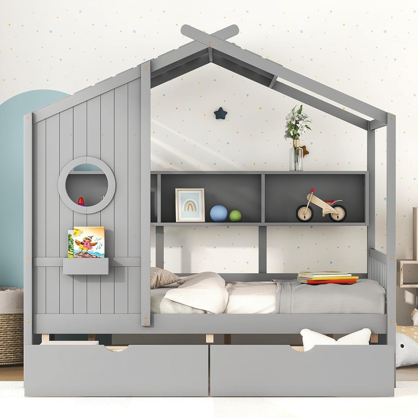 Kids Full Playhouse Bed with Drawers Shelves-1