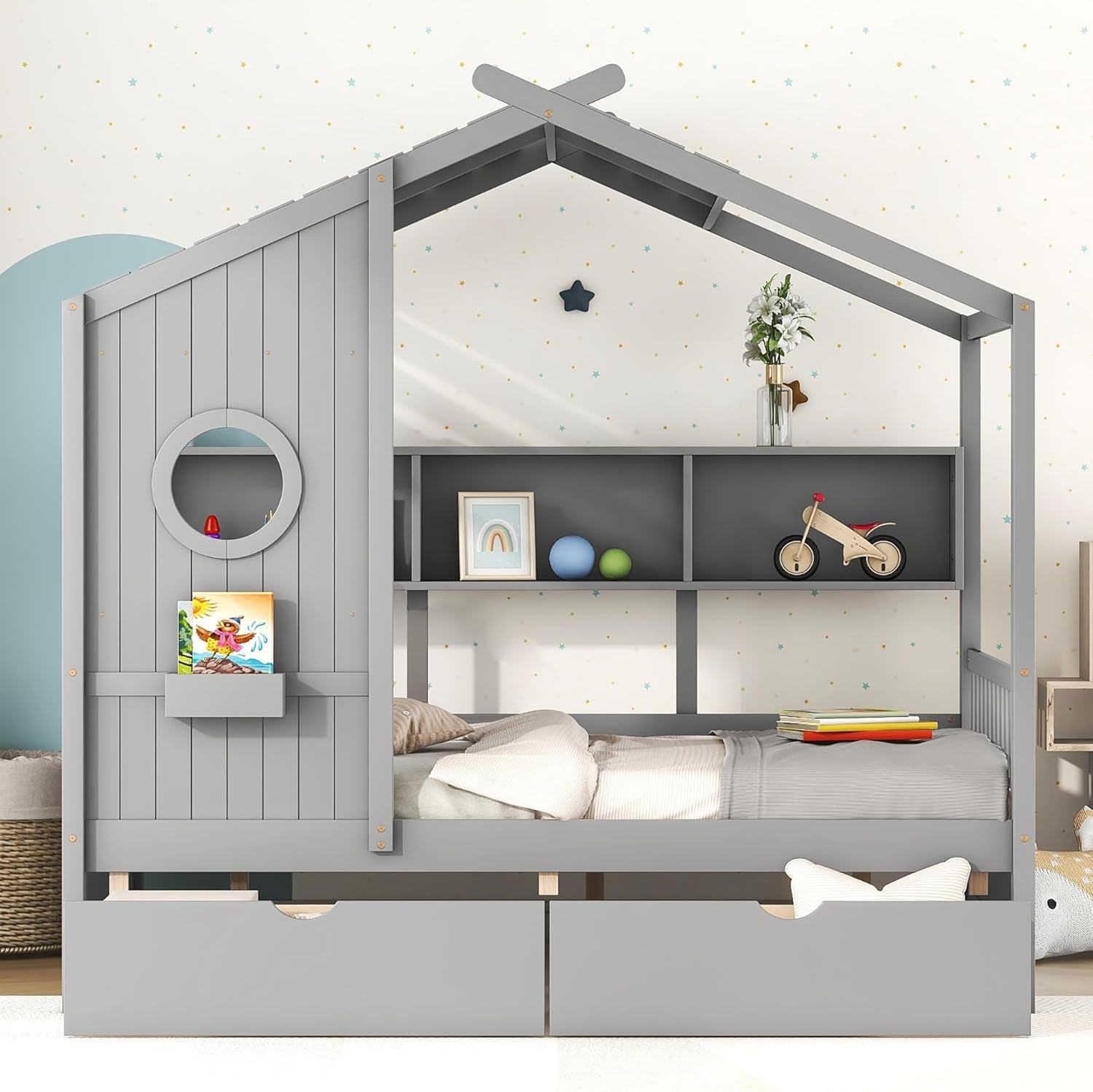 Kids Full Playhouse Bed with Drawers Shelves-1