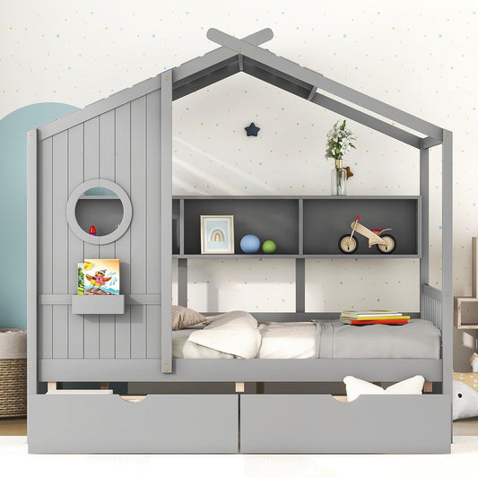 Kids Full Playhouse Bed with Drawers Shelves-1