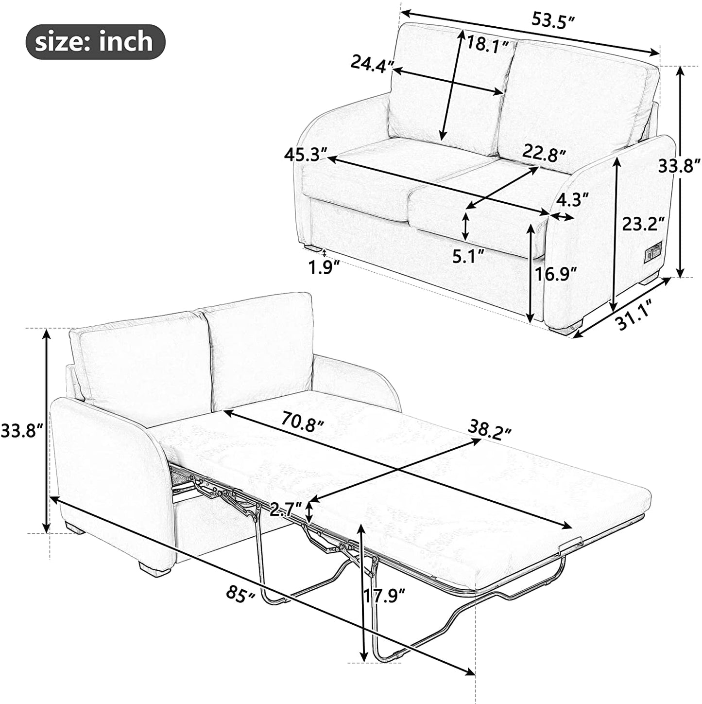 Black Love Seat with Sleeper, USB and Plug-1