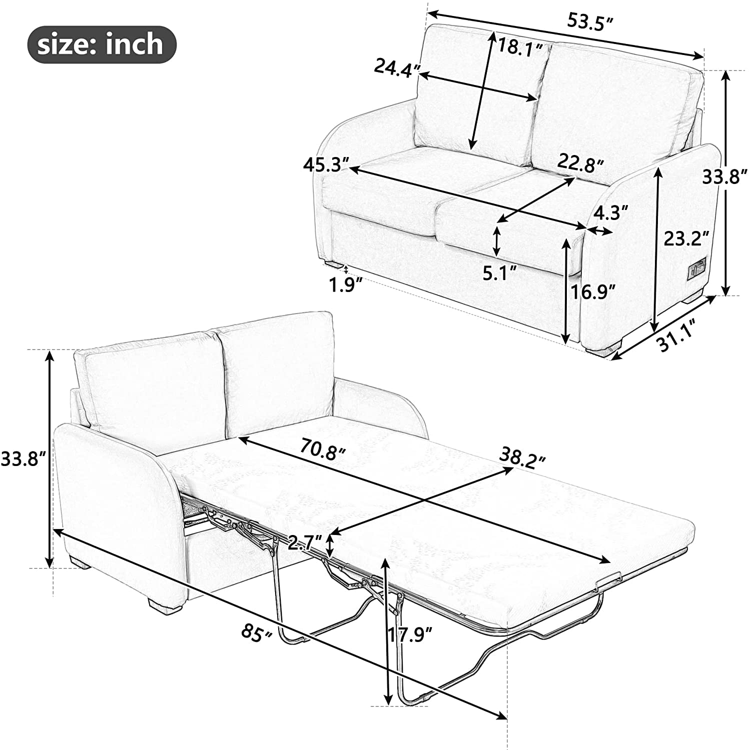 Black Love Seat with Sleeper, USB and Plug-1