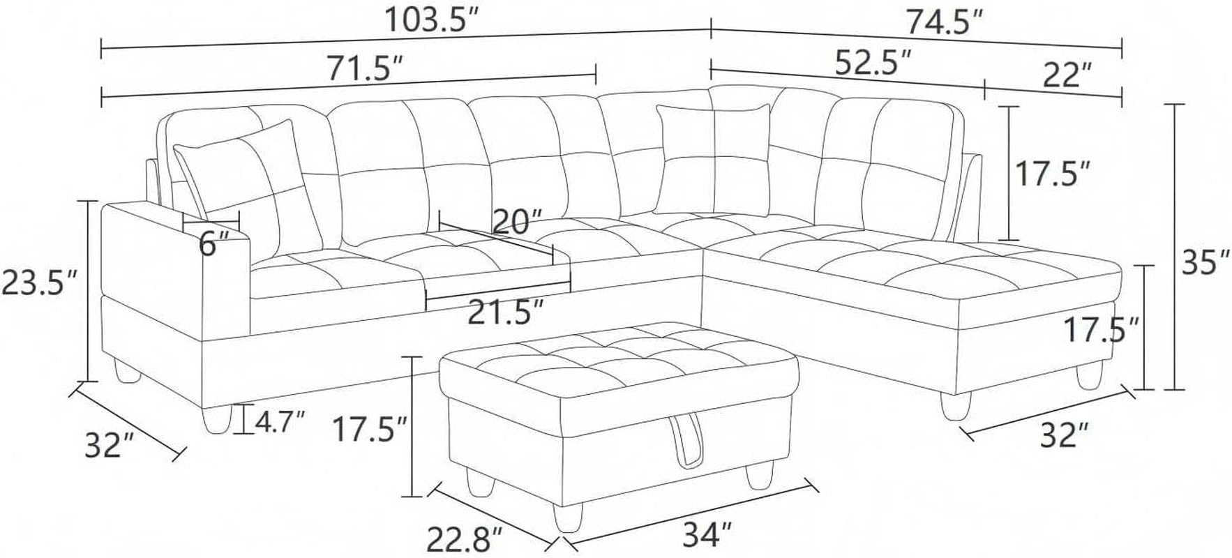 L-Shaped 3-Piece Lint and PVC Sofa with Storage Ottoman Set, Sectional Couch Sofa Set for Living Room, Office, Small Space, Dark Blue and Brown-2